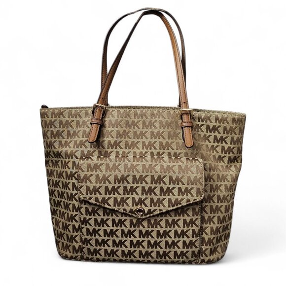 Michael Kors Signature Jet Set Pocket Jacquard Leather Brown Shoulder Bag COA - Picture 1 of 16